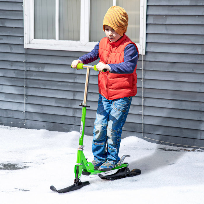 Qaba Snow Scooter, 2 In 1 Design Adjustable Height Scooter Snow Sled For Kids Aged Over 7 Years Old, Kids Sled Ski Scooter With Wheels Blades, Green