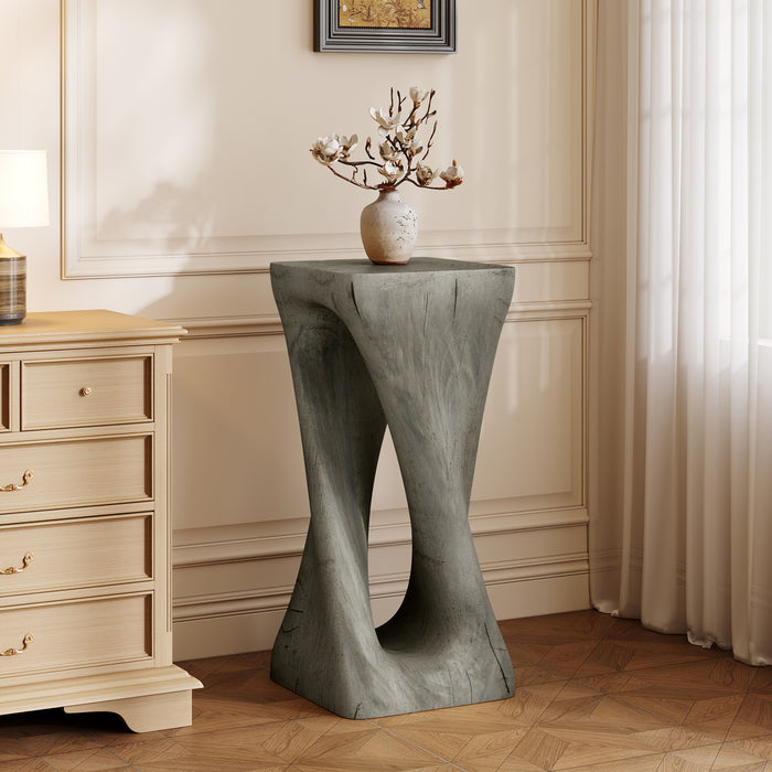 Cade 26.80\" Twisted Square MGO Accent Table, Unique Natural Wood Grain Indoor Side Table, Grey