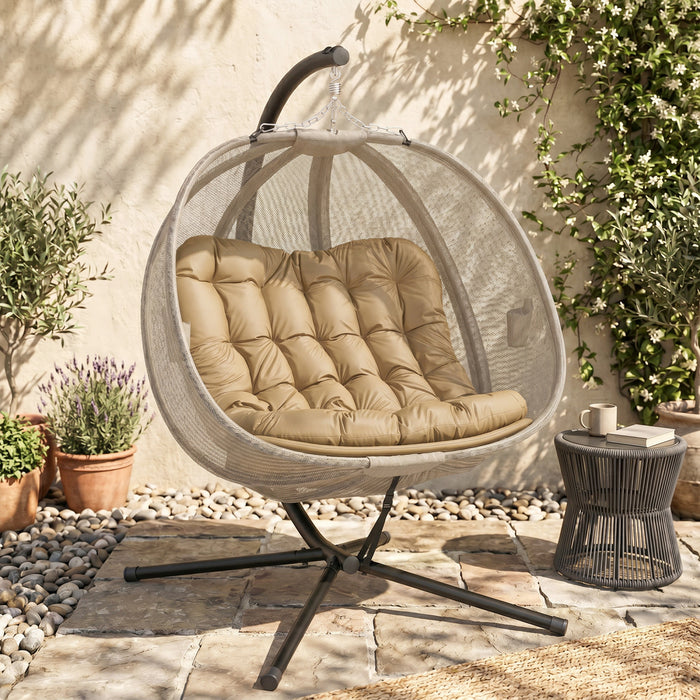 Outsunny Double Egg Chair with Stand, Hanging Swing Egg Chair, Khaki