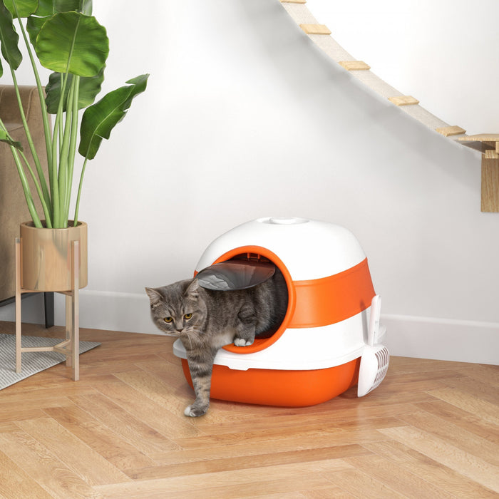 Pawhut Foldable Cat Litter Box With Lid, Covered Litter Box W/ High Sides, Air Freshener, Large Front Entry Cat Box, Easy Clean, White And Orange
