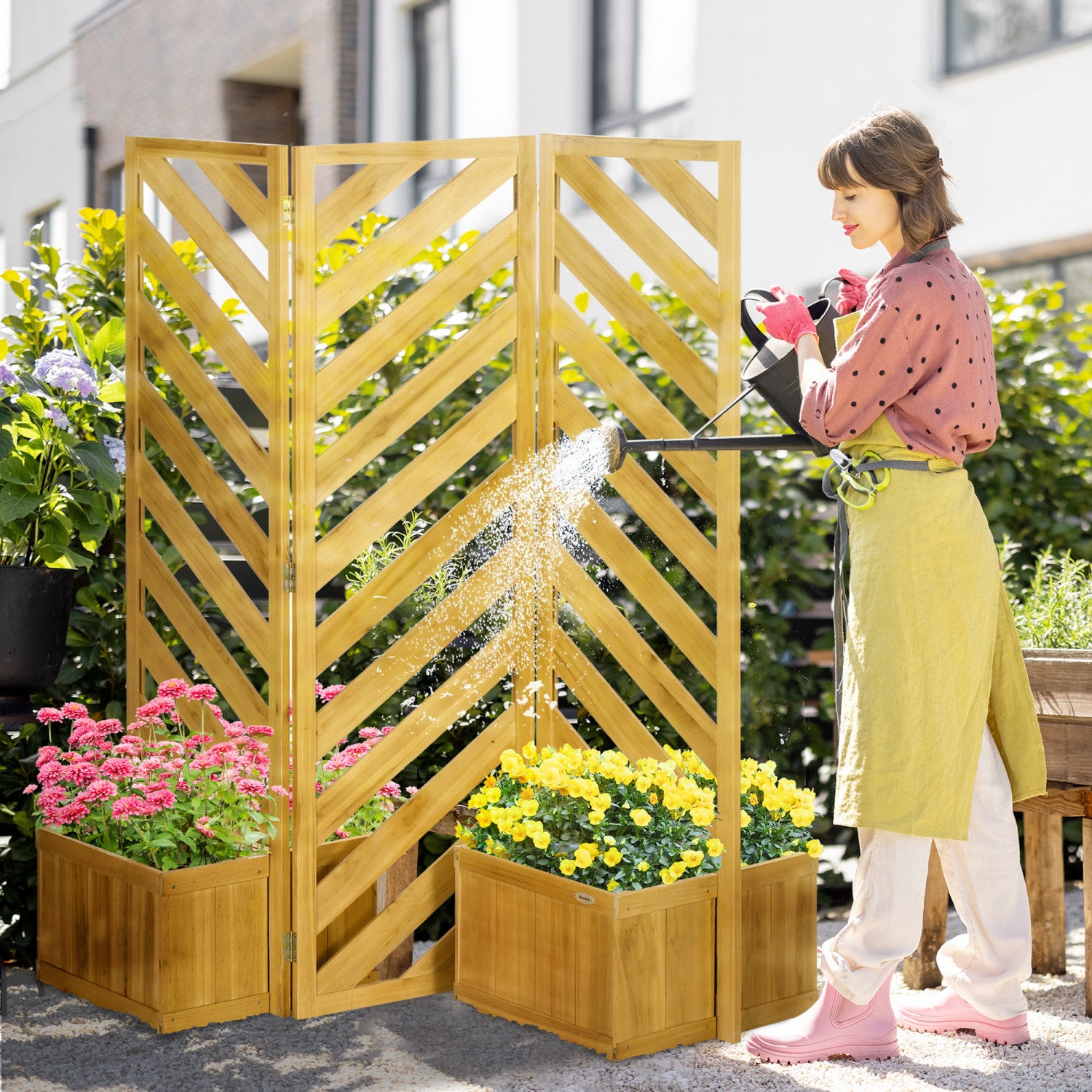 Outsunny Outdoor Privacy Screen With 4 Planters And 3 Hinged Privac ...