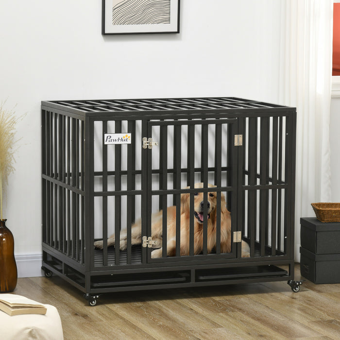 Pawhut Heavy Duty Steel Dog Crate Kennel Pet Cage With Wheels For Portability And A Door For Convenient Access Anti-pinching Floor, 40.7\"l X 29.5\"w X 34.6\"h, Black