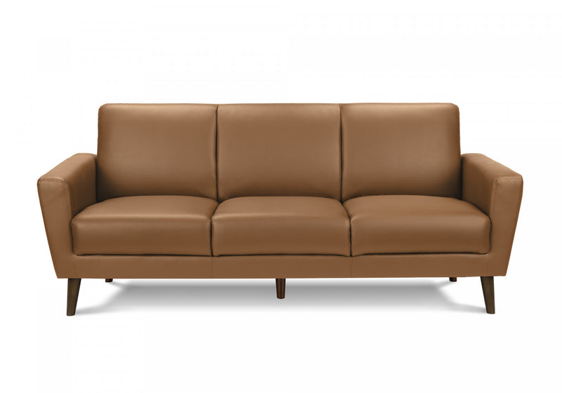 Upholstered Sofa, 77\"L, Brown Leather-Look, Walnut Solid Wood Legs, Mid-Century Modern Sofa