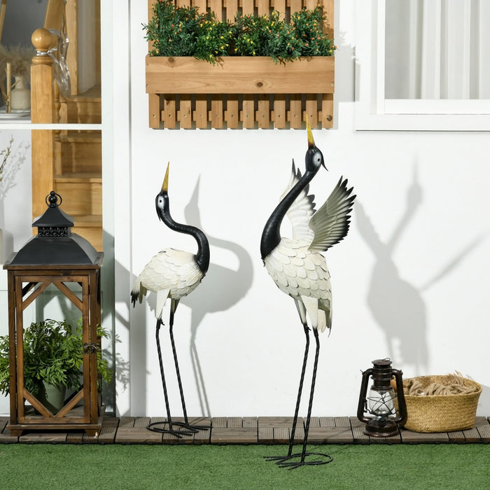 Outsunny 2pcs Heron Garden Statues Metal Yard Art Bird Sculptures, White