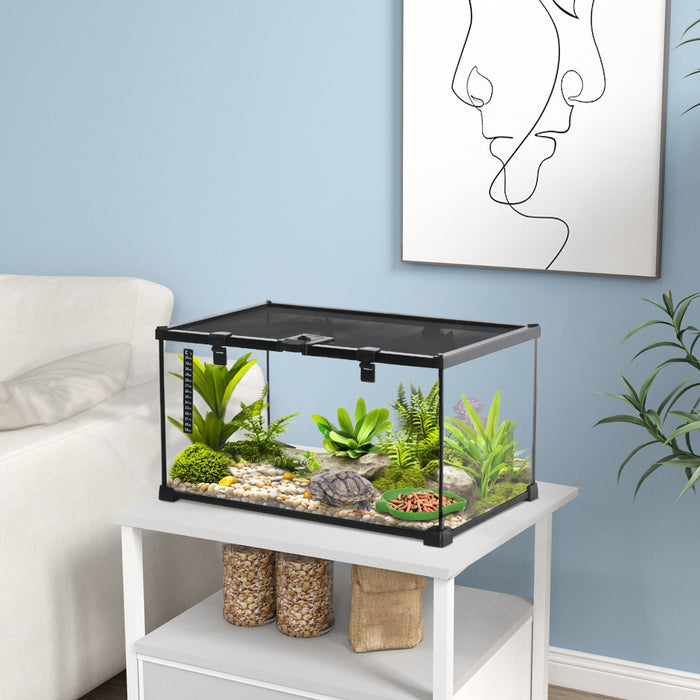 Pawhut Glass Reptile Terrarium, 20\"x12\"x10\"jumping Spider Enclosure With Thermometer, Water Basin, Full View Visually For Lizards, Horned Frogs, Snakes, Spiders - Black