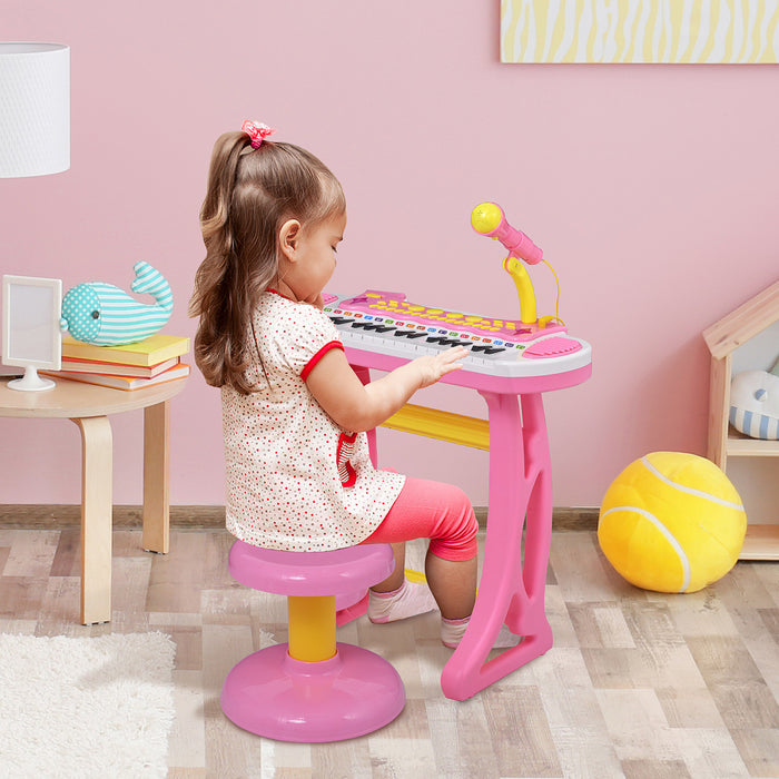 Qaba Kids Toddler Toy Piano Keyboard With Included Sitting Stool, Working Microphone, A Fun Bright Flashlight, Pink