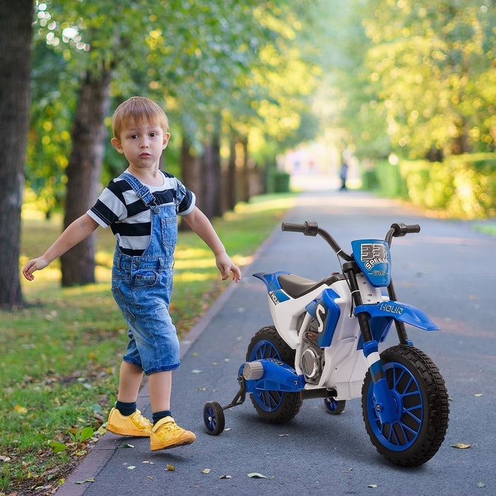 Aosom Kids Dirt Bike Battery Powered Ride-on Electric Motorcycle With Charging 12v Battery, Training Wheels Blue