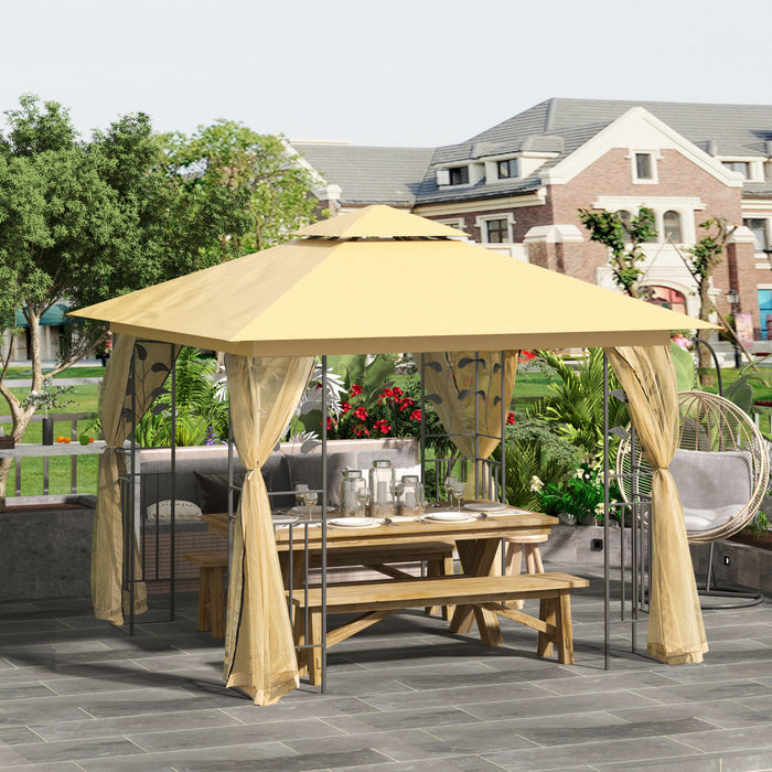 Outsunny 10'x10' Gazebo Canopy Outdoor Patio Sun Shelter Uv Protect W/ 2-tier Polyester Roof Curtain Sidewalls And Steel Frame Beige