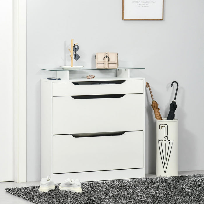 HOMCOM High Gloss Shoe Cabinet with 2 Flip Drawers and Glass Top, White