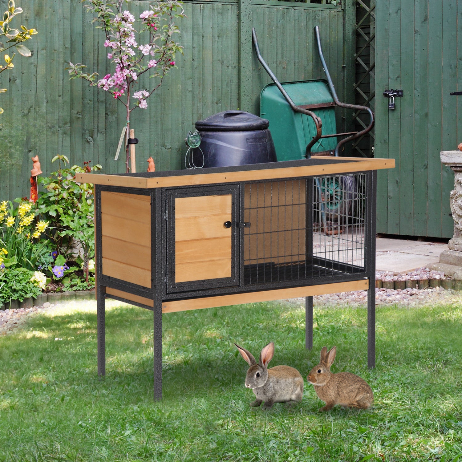 Brick Rabbit Hutch PawHut Rabbit Hutch, Wooden Bunny Cage Indoor Outdoor Bunny Hutch w ...