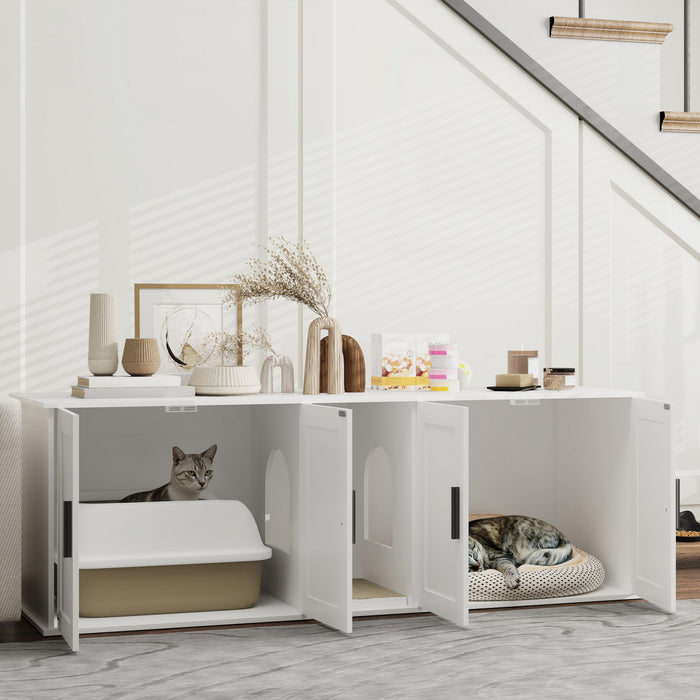 Pawhut Cat Litter Box Enclosure For 2 Cats, 145 Cm Hidden Litter Box Furniture With Double Room, Scratching Board, Indoor Cat House Washroom End Table, White