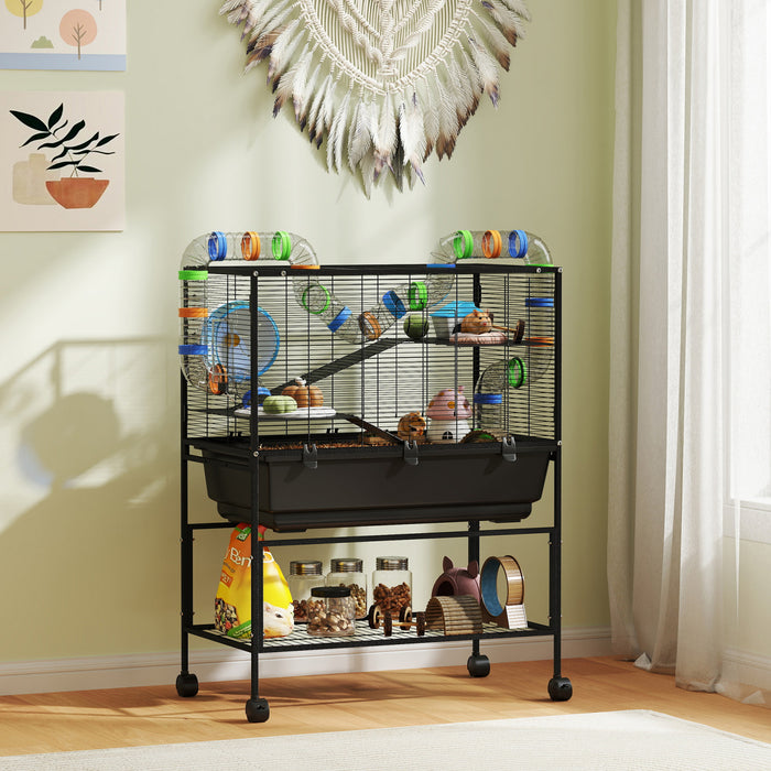 Pawhut Large Hamster Cage With 7\" Deep Tray, 3 Tier Rolling Gerbil Cage With Storage Shelf, Big Exercise Wheel, Tube System, Hut, Platforms, Ramps, For Syrian, Gerbil, Rat