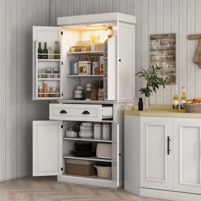 HOMCOM 71\" Kitchen Pantry Cabinet with Spice Racks and LED Lights, White