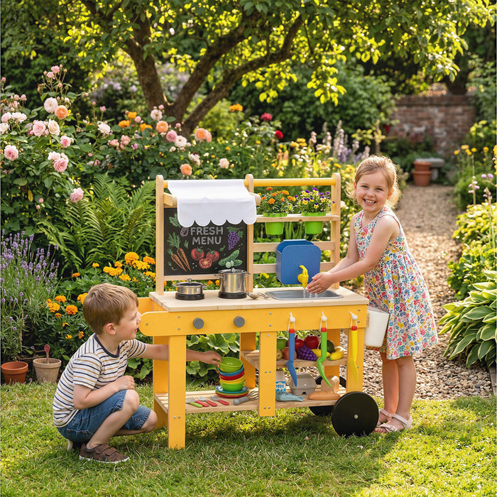 Qaba Mud Kitchen for Kids Outdoor with Wheels, Wooden Kids Play Kitchen Playset with Sink, Stove, Faucet, Storage Shelf, Planting Pots and Blackboard, Yellow