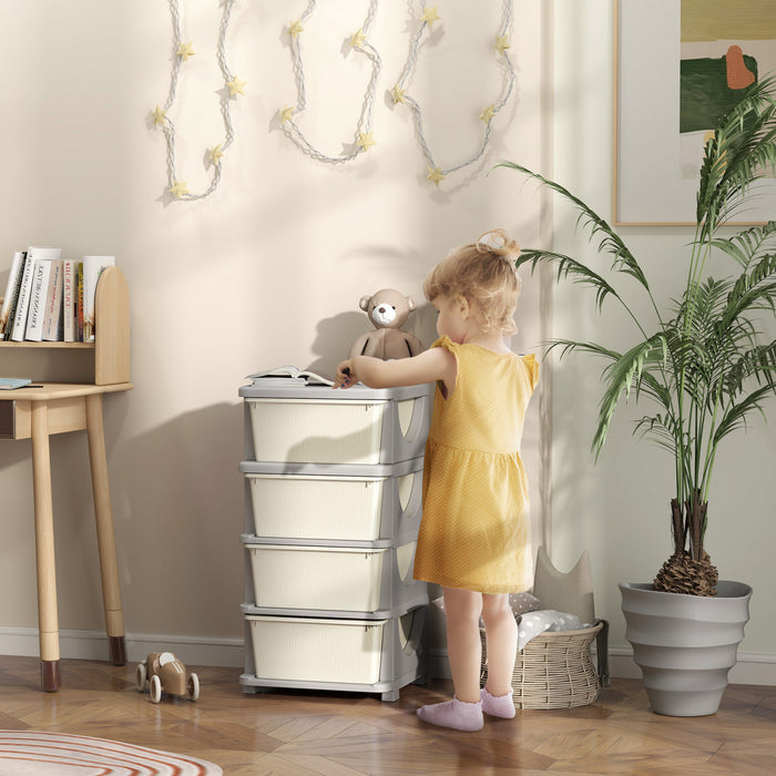 Qaba Kids Toy Storage Organizer With 4 Plastic Bins, 4 Tier Drawer Chest Utility For Kids Bedroom Nursery Kindergarten Living Room For Boys Girls Toddlers, Cream White