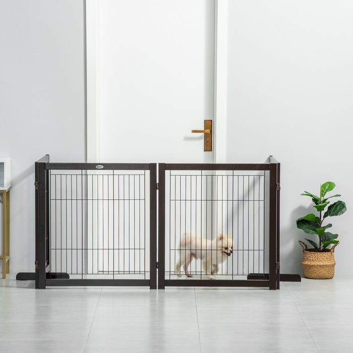 Pawhut Wooden Dog Gate Foldable Pet Fence For Small & Medium Dogs 4 Panel With Support Feet Freestanding Safety Barrier For House Doorway Stairs Coffee