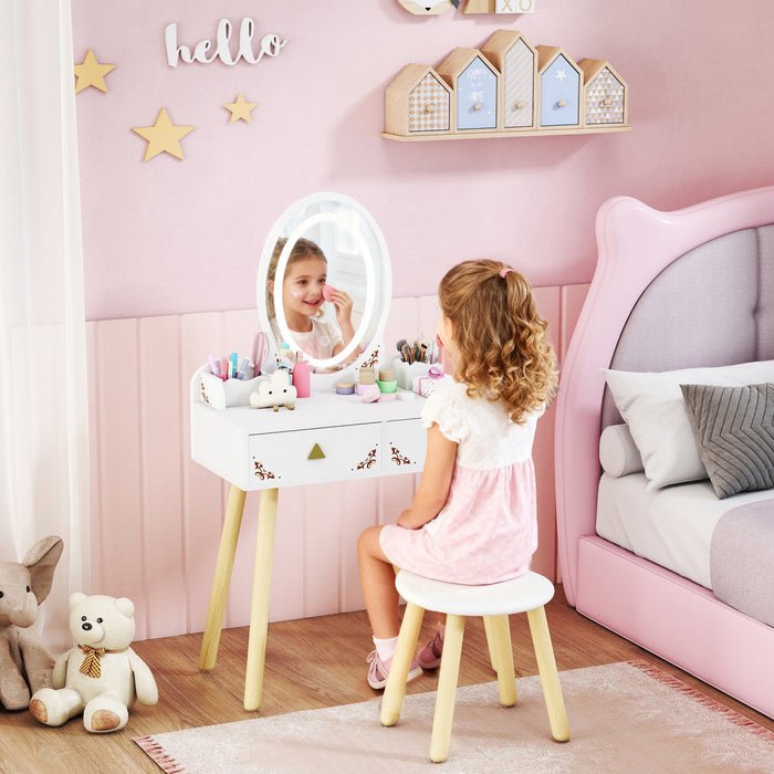 Qaba Kids Vanity, 2 in 1 Girls Vanity Set with Mirror and Stool and Lights, Drawers, Storage Boxes, Toddler Makeup Dressing Table, Pretend Play for Kids Room, Pink
