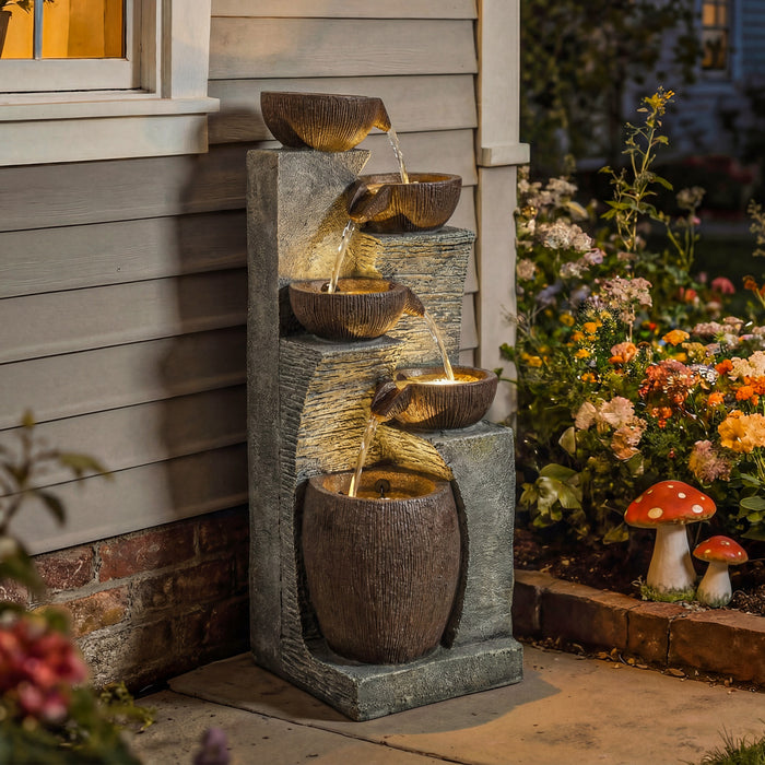 Outsunny 5-Tier Outdoor Cascading Rock Water Fountain with LED Lights