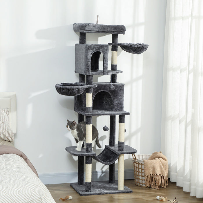 PawHut Cat Tree, 69\" Cat Tower for Indoor Kittens, Multi-Level Tower with 2 Condos, Scratching Posts, 2 Hammocks, Perches, Pompoms for Multiple Kitties, Dark Grey