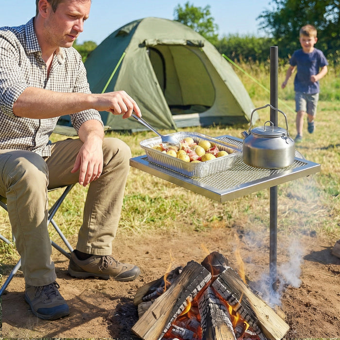 Outsunny Swivel Campfire Grill, 360° Adjustable Heavy Duty Chrome-Plated Steel Campfire Cooking Grate, Portable Fire Pit Grill for Outdoor Camping, Silver