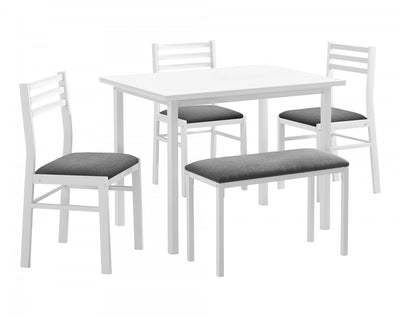 Dining 5-Piece Set Rectangular Kitchen Small White Metal Laminate Grey Fabric Contemporary Modern|Ensemble de salle à manger 5 pièces de style moderne contemporain pour la cuisine avec petite table rectangulaire, métal blanc, stratifié et tissu gris