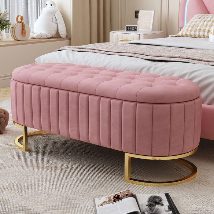 Amelia Elegant Velvet Button-Tufted Storage Bench with Metal Legs,Pink
