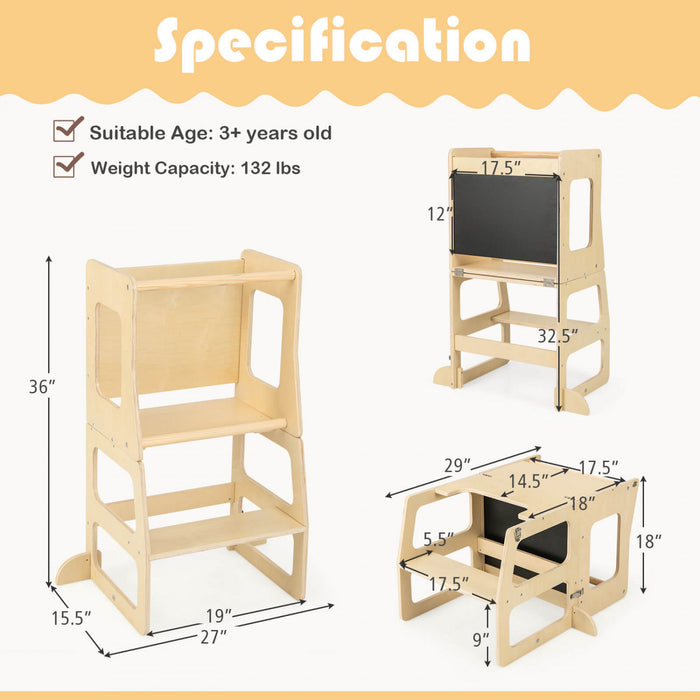 Costway 3-in-1 Foldable Kitchen Standing Tower For Toddlers With Chalkboard Weaning Table Natural