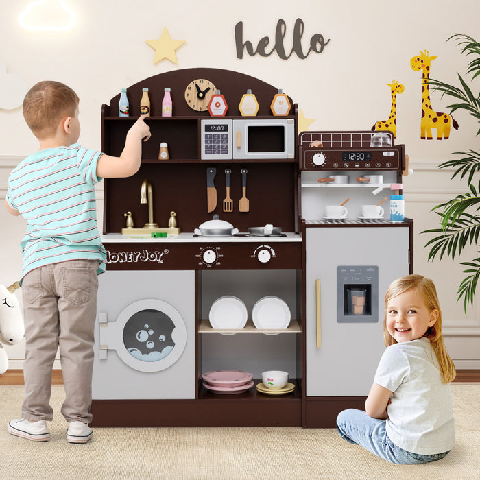 Honeyjoy Kids Kitchen Set Wooden Kitchen Playset With Clock, Microwave, Sink, Dish Rack Brown