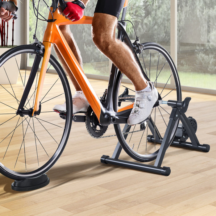 Soozier Foldable Indoor Bike Trainer, Stationary Bicycle Stand For Riding Exercise, 26-28\" & 700c Wheels, Quick Release Skewer & Front Wheel Riser Block Included, Black