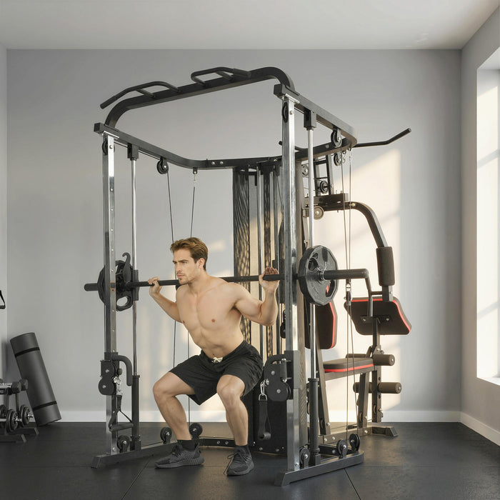 Soozier All-in-One Home Gym Smith Machine, Power Cage for Strength Training with Cable Pulley System, 143LBS Weight Stack, Chest Station, Preacher Pad and Leg Developer