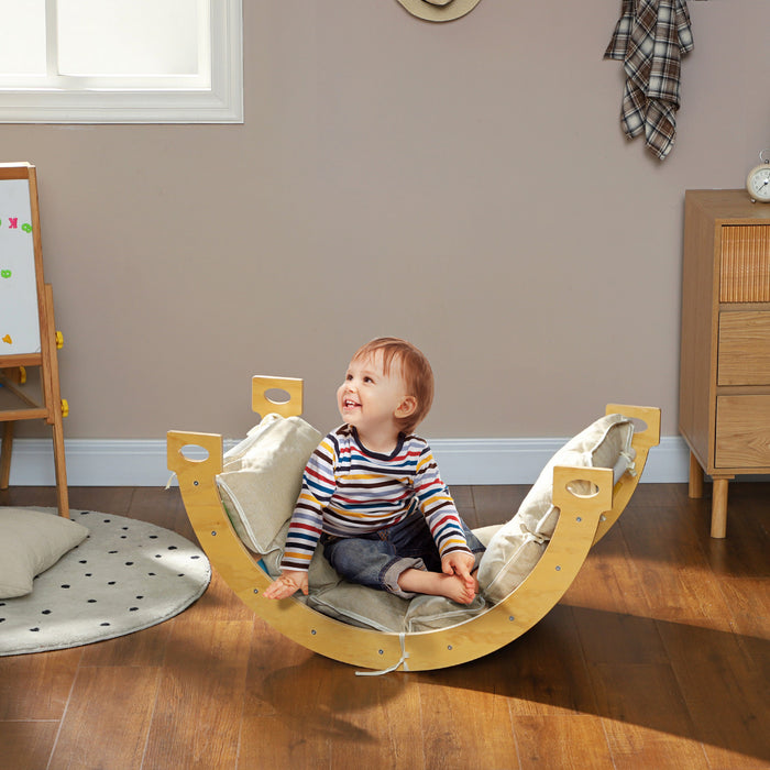 Qaba 3 In 1 Climbing Toy For Toddlers, Wooden Lader Acrh For Climbing, Rainbow Montessori Pikler Rocking Toys With Cushion Pad, Children Indoor Playground Climber Rocker