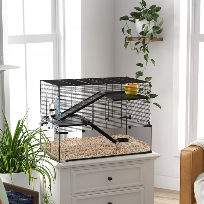 Pawhut Hamster Cage, Gerbil Cage With Glass Basin, Ramps, Platforms, Hut, Exercise Wheel, For Syrian And Dwarf Hamsters, Black, L