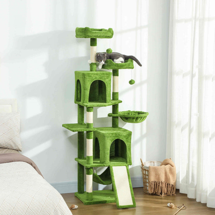 PawHut Cat Tree, 70\" Multi-Level Cat Tower for Indoor with 2 Condos, 2 Plush Top Perches, Hammock, Platforms, Toy Balls, Sisal Scratching Posts and Board, Green