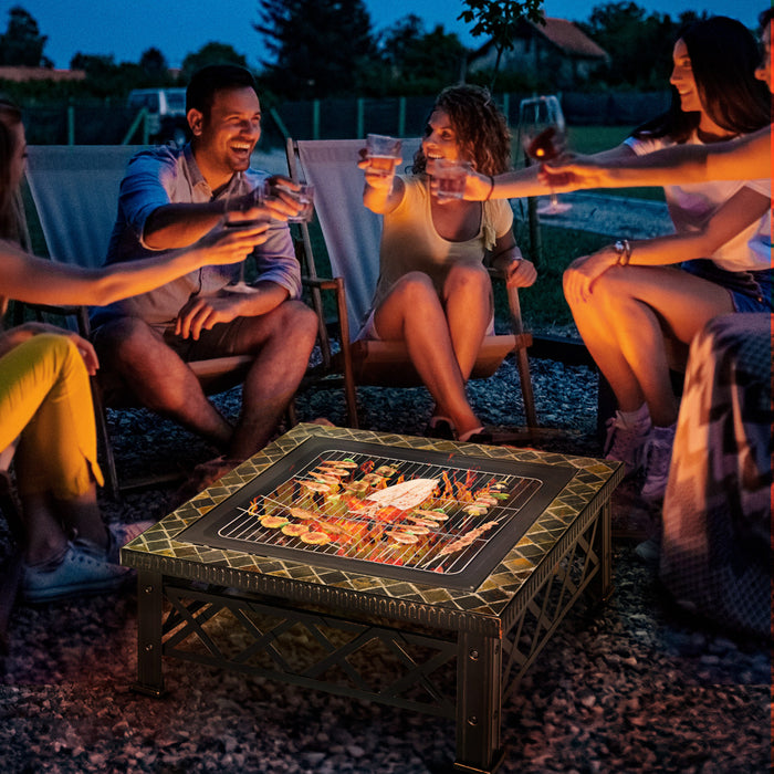 Outsunny 30\" Outdoor Steel Square Firepit Square Stove With Spark Screen Cover, Log Grate, Poker, Grill Net For Patio