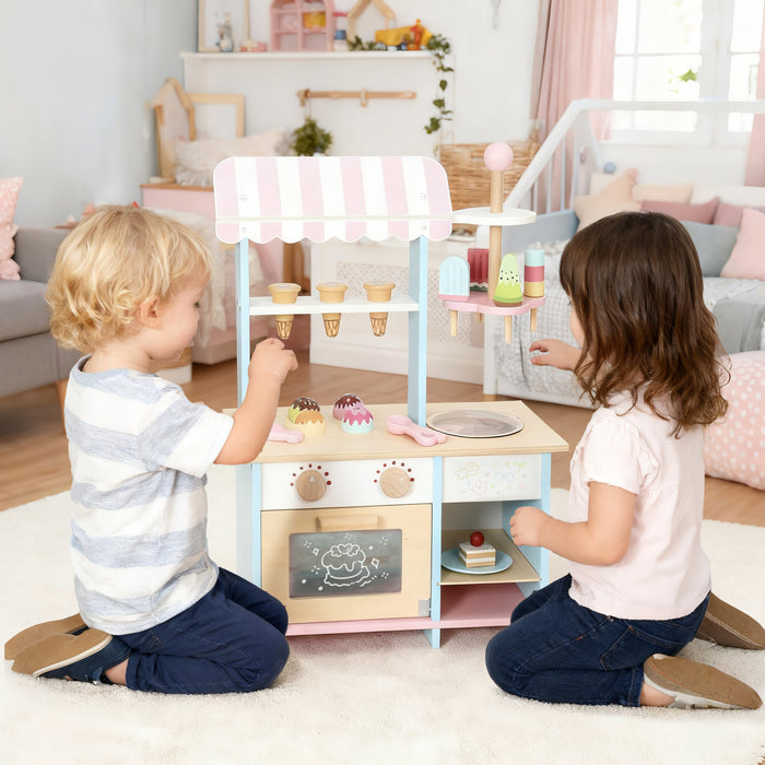 Qaba Wooden Ice Cream Toy Shop, Pretend Play Food Store with Toy Food and Oven for Kids, Pretend Play Dessert Shop Counter Stand for Boys and Girls Aged 3+