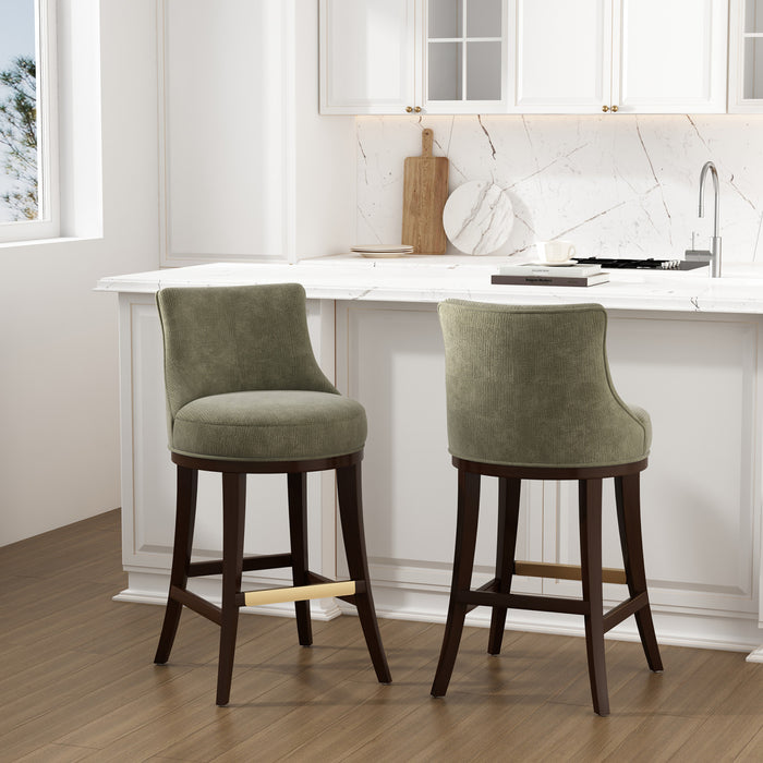 Lucia Modern Chenille Wood Upholstered Barstool in Leaf Green - Set of 2