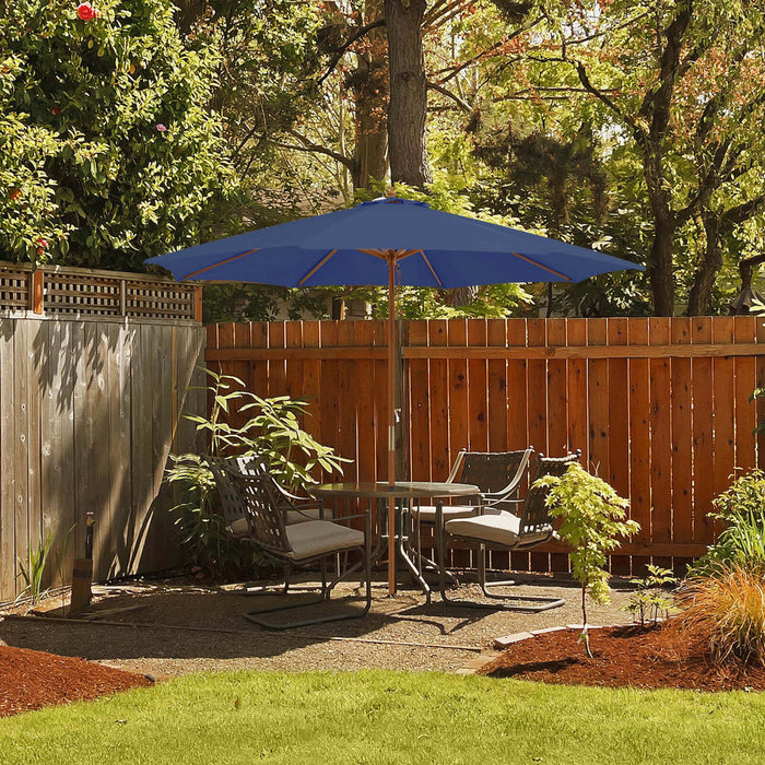 Costway 10FT Patio Wooden Market Table Umbrella Pulley with 8 Bamboo Ribs Sunshade Canopy Navy