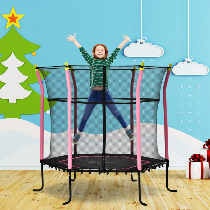 Soozier 63\" Kids Trampoline Mini Indoor/outdoor Bouncer Jumper With Enclosure Net Elastic Thick Padded Pole Gift For Child Toddler Age 3-10 Years Old Pink