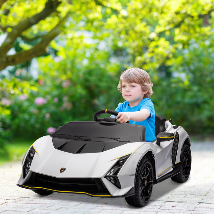 Qaba 12v Electric Car For Kids, Battery Powered Ride-On Lamborghini Autentica Licensed Kids Car With Butterfly Doors, Remote Control, 4 Wheels Spring Suspension, Soft Start, Lights, White