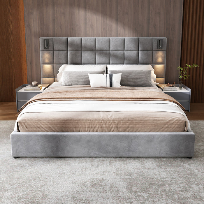 Ethan Velvet Platform Bed with Grid Headboard and USB Ports,Queen Size - Grey