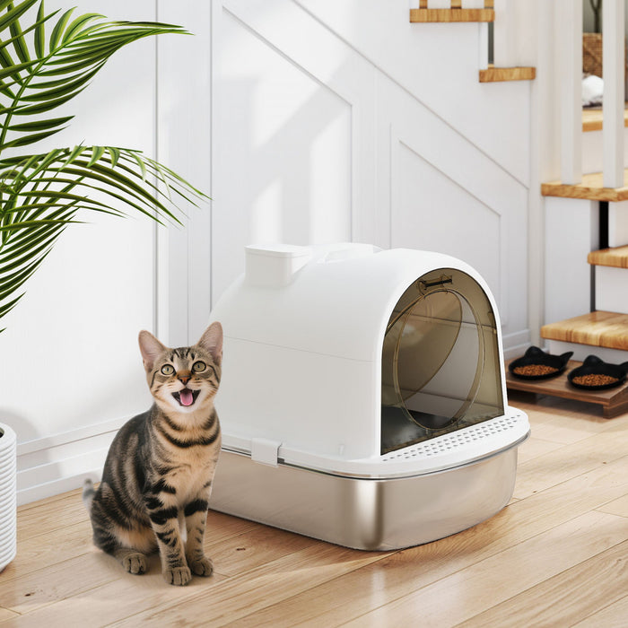 Pawhut Stainless Steel Litter Box With Lid, Enclosed Cat Litter Box With Scoop, Deodorizer Bag, Handle, Odour Control, Non-sticky And Easy To Clean, White