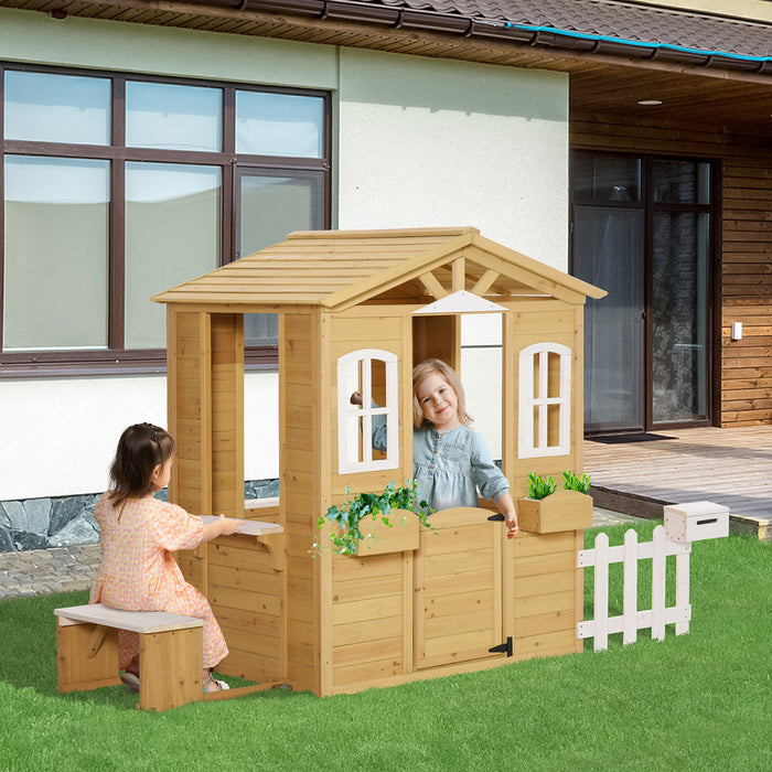 Outsunny Playhouse For Kids Outdoor With Door Windows Mailbox Flower Pot Holder Serving Station Bench Natural