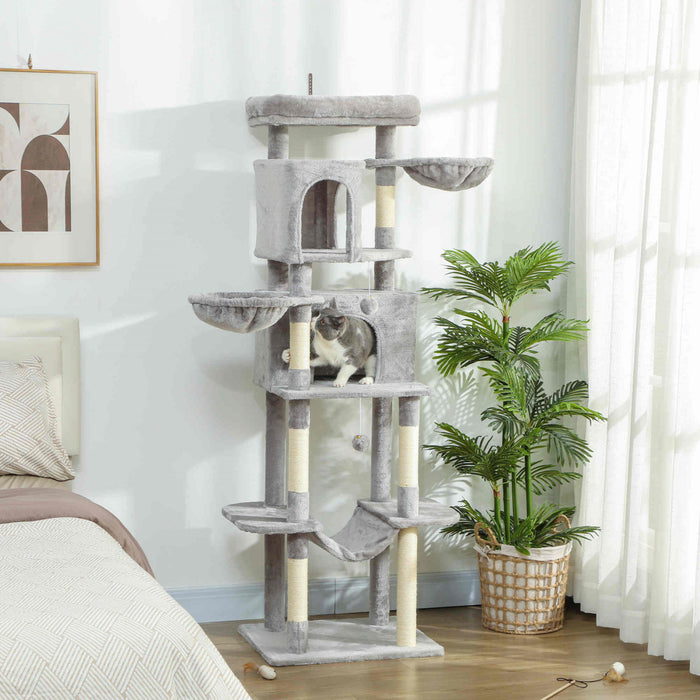 PawHut Cat Tree, 69\" Cat Tower for Indoor Kittens, Multi-Level Tower with 2 Condos, Scratching Posts, 2 Hammocks, Perches, Pompoms for Multiple Kitties, Light Grey