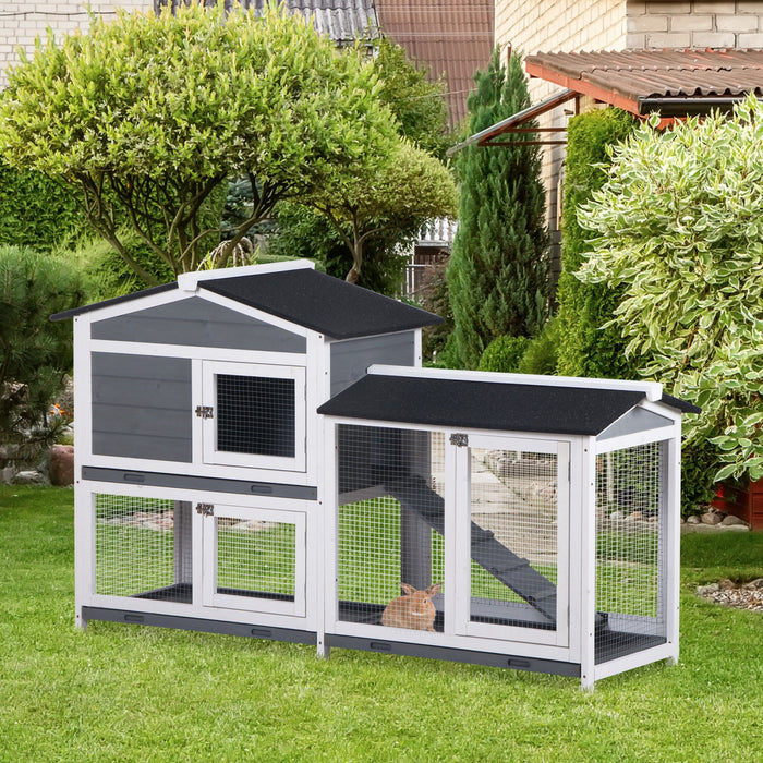 Pawhut 2-tier Wood Rabbit Hutch Backyard Bunny Cage Small Animal House W/ Ramp And Outdoor Run, Grey