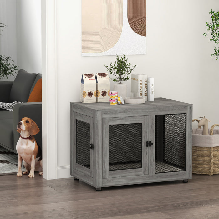 Pawhut Double-door Dog Crate Furniture For Medium Small Dogs, Pet Crate End Table With Water-resistant Cushion, Wooden Dog Kennel Furniture For Indoor Use, Grey