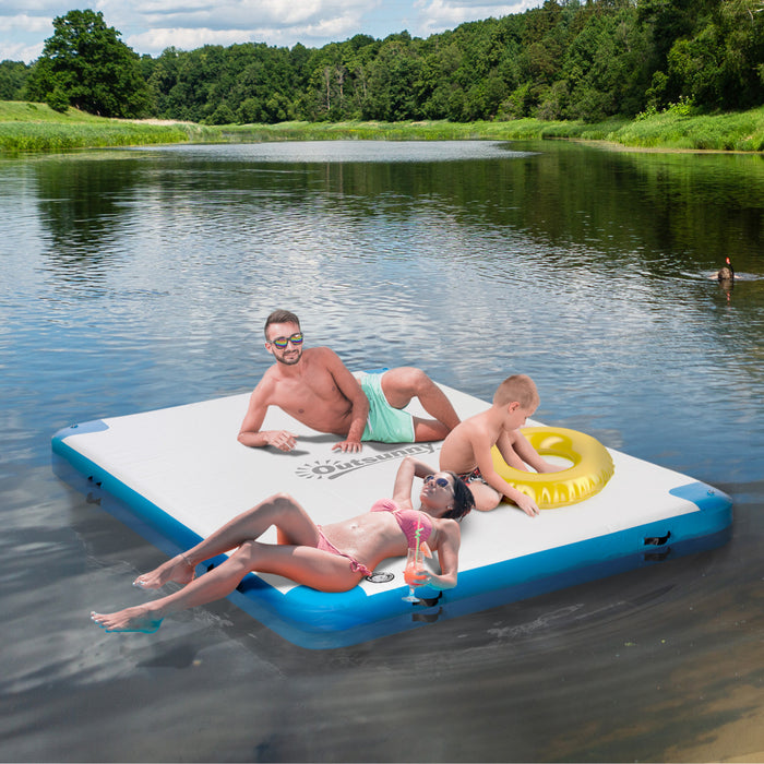 Outsunny 8' x 6' Water Inflatable Floating Dock, Rafting Platform Island, Large Mat with Air Pump & Backpack, for Pool, Beach, Ocean, Blue