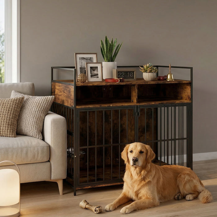 PawHut Dog Crate Furniture, 39 Inch Indoor Dog Kennel with Rotating Feeding Station and Storage Shelves, Pet Crate End Table for Small Medium Large Breeds, Rustic Brown
