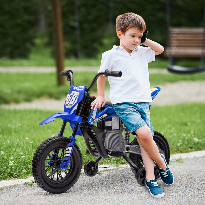 Qaba Kids Dirt Bike with Twist Grip Throttle, 12V Electric Motorcycle, Electric Bike with Training Wheels, Spring Suspension & Music, for Toddler 3-6 Years, Blue