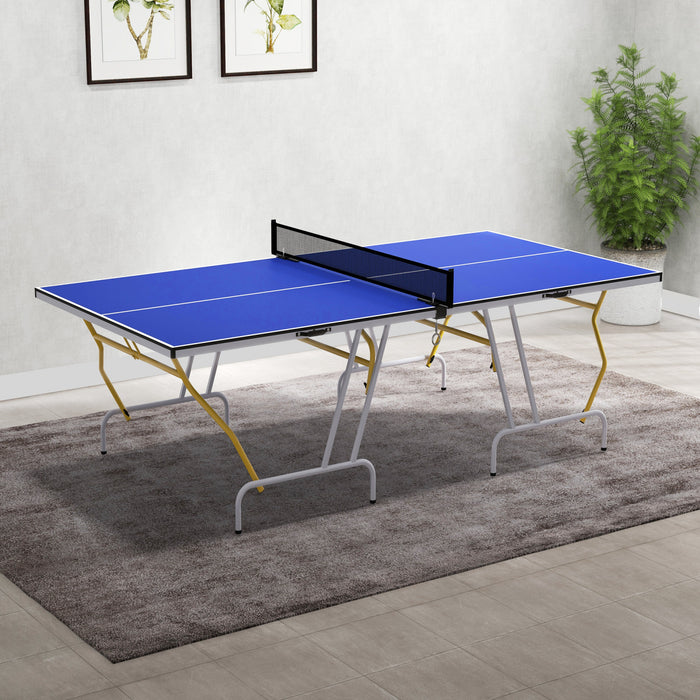 Soozier Full Size Ping Pong Table, Fold Into Quarters, Portable Table Tennis Table With Net, Paddles, Balls, Mdf, Blue
