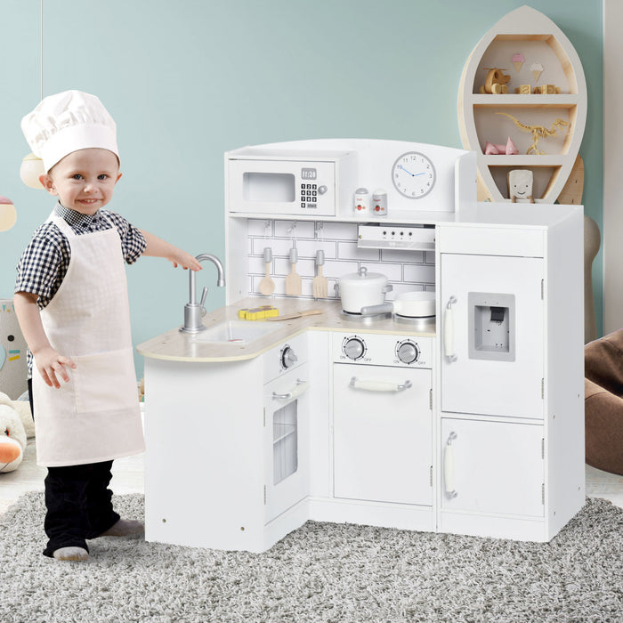 Qaba Kids Kitchen Play Cooking Toy Set For Children With Drinking Fountain, Microwave, And Fridge With Accessories - White